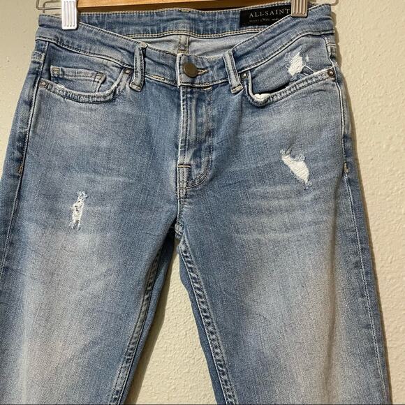 All Saints Distressed High Rise Skinny Jeans Raw Hem Womens 25 Blue Denim Zip - Picture 2 of 11